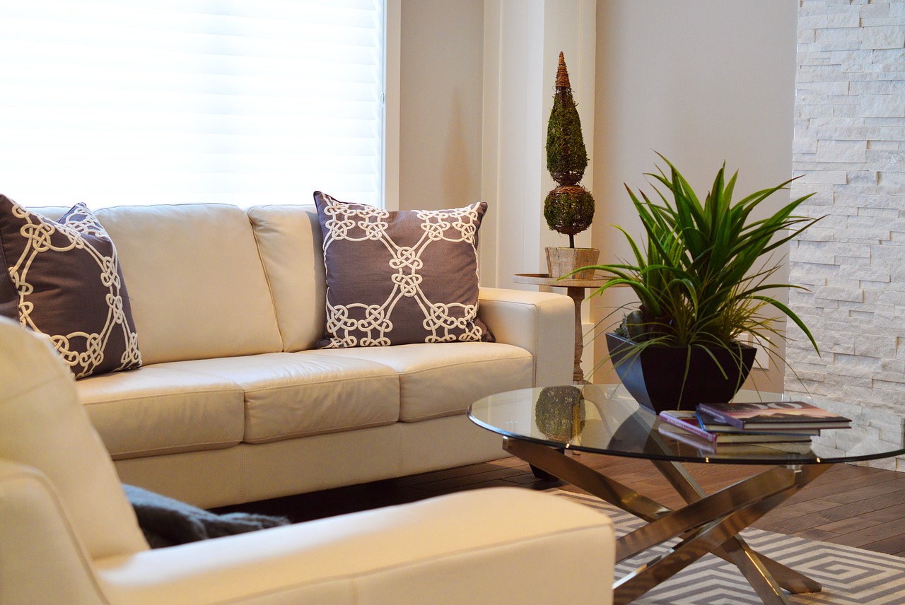 Pretty living room layout with a white couch.